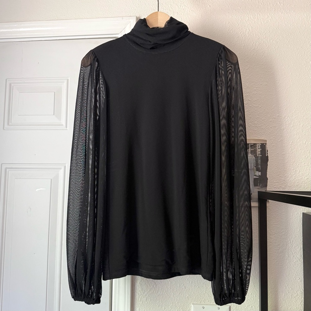 GANNI black knit Swiss dot mesh stretchy puff long sleeve turtleneck top